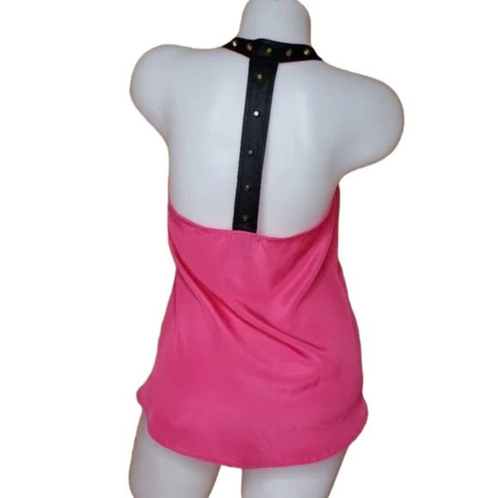 Material Girl T Strap Studded Tank Top Neon Hot Pink and Black Size Medium Y2K